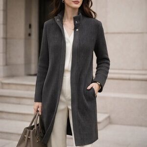 Ralph Lauren Black Long Ribbed Cotton Knit Cardigan Hidden Snap Button Front M